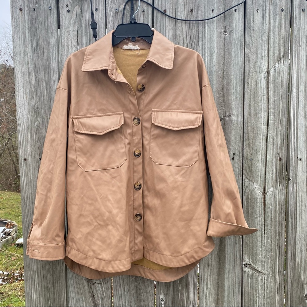 Streetwear Minimalist THML Faux Leather Shacket M Tan Camel Oversized Utility